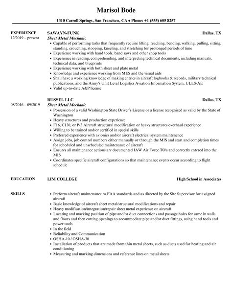 sheet metal mechanic resume sample|Sheet Metal Mechanic Resume Sample & Tips.